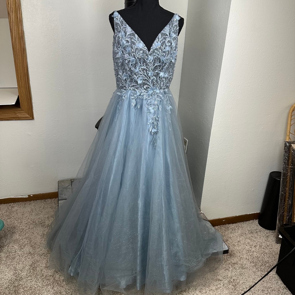 Cinderella Divine XL Blue Tulle Floral Applique Sparkle Prom Formal Gown Dress